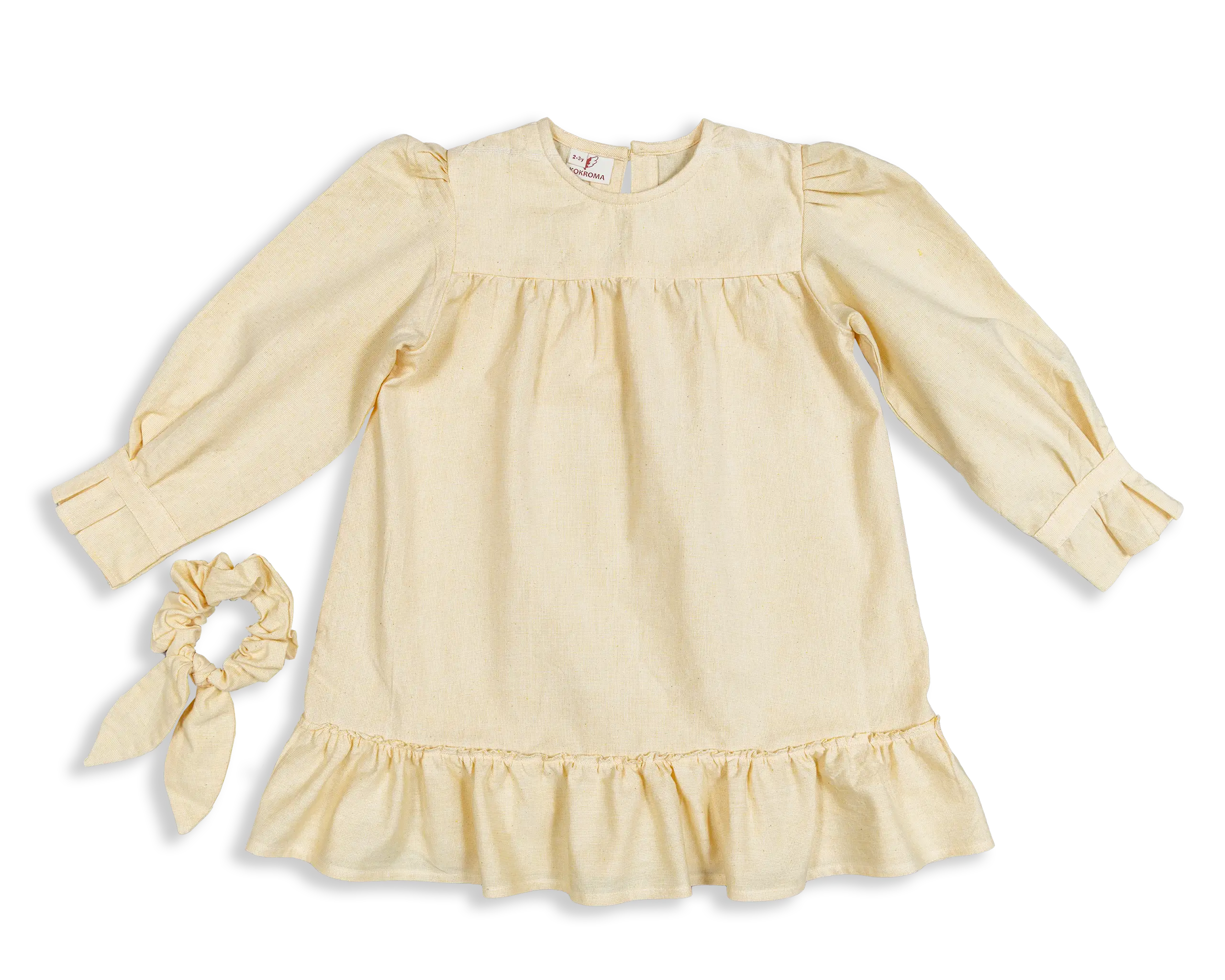 Kokroma's Damini Dress is a sweet addition to our clothing for little girls. With puffed shoulders and gathered cuffs, this warm weather outfit comes with a matching elastic floppy ear hair tie. 