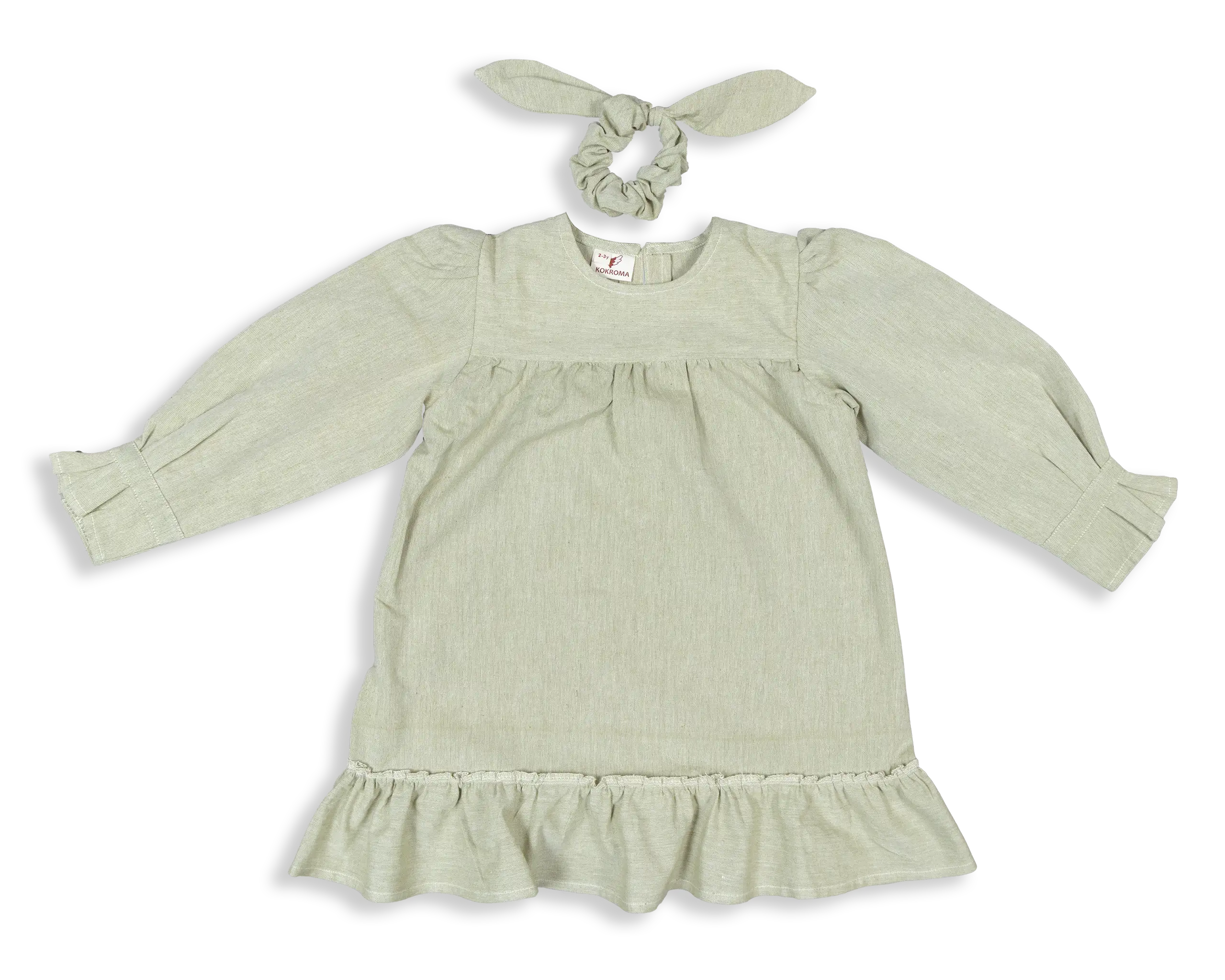 Kokroma's Damini Dress is a sweet addition to our clothing for little girls. With puffed shoulders and gathered cuffs, this warm weather outfit comes with a matching elastic floppy ear hair tie. 