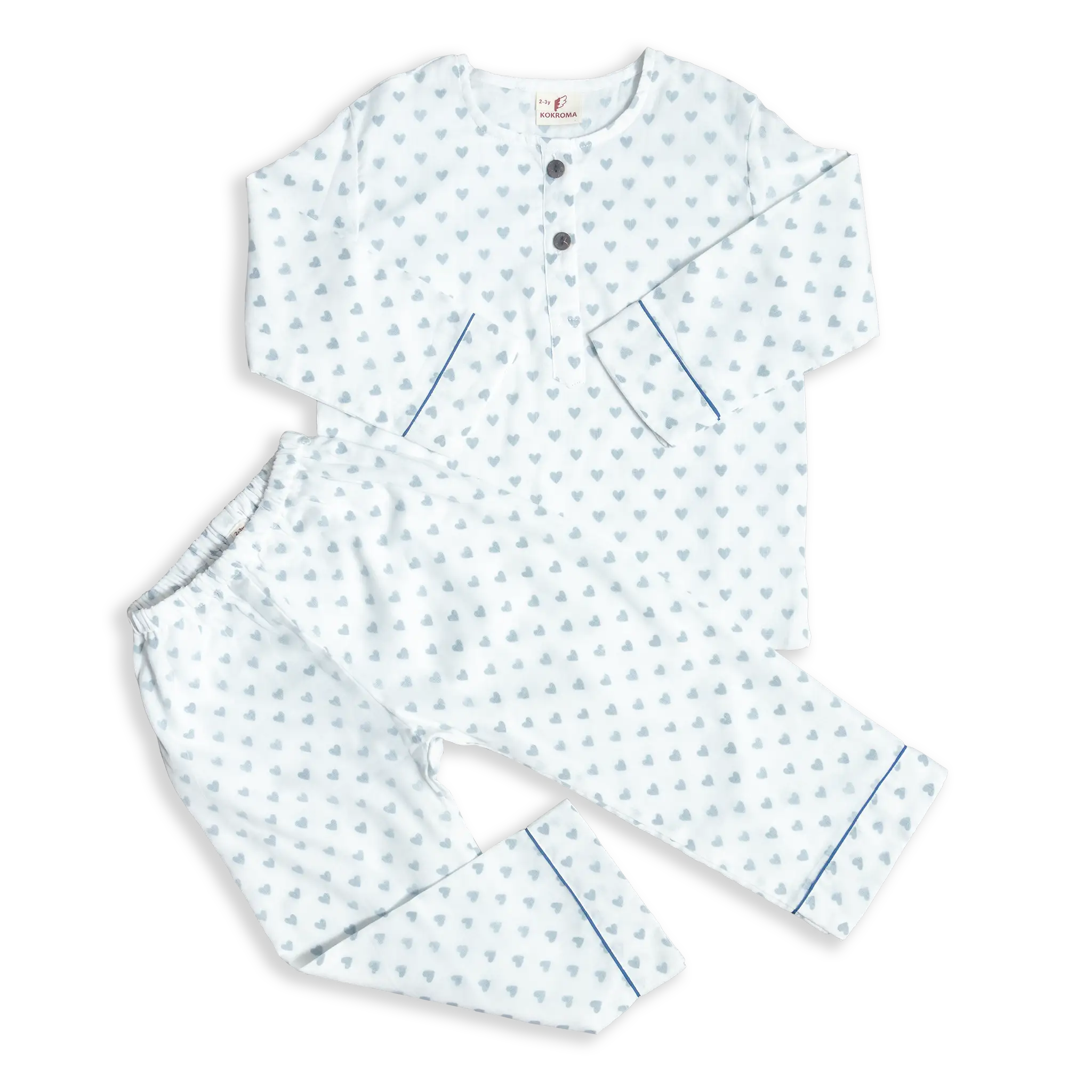 Malmal Pyjamas set boasts a fresh, unisex heart print in three soothing colour shades, perfect for all-season wear. With an elegant design that blends traditional craftsmanship with modern comfort, this pyjama set is super soft and an ideal addition to your child’s wardrobe at any age.