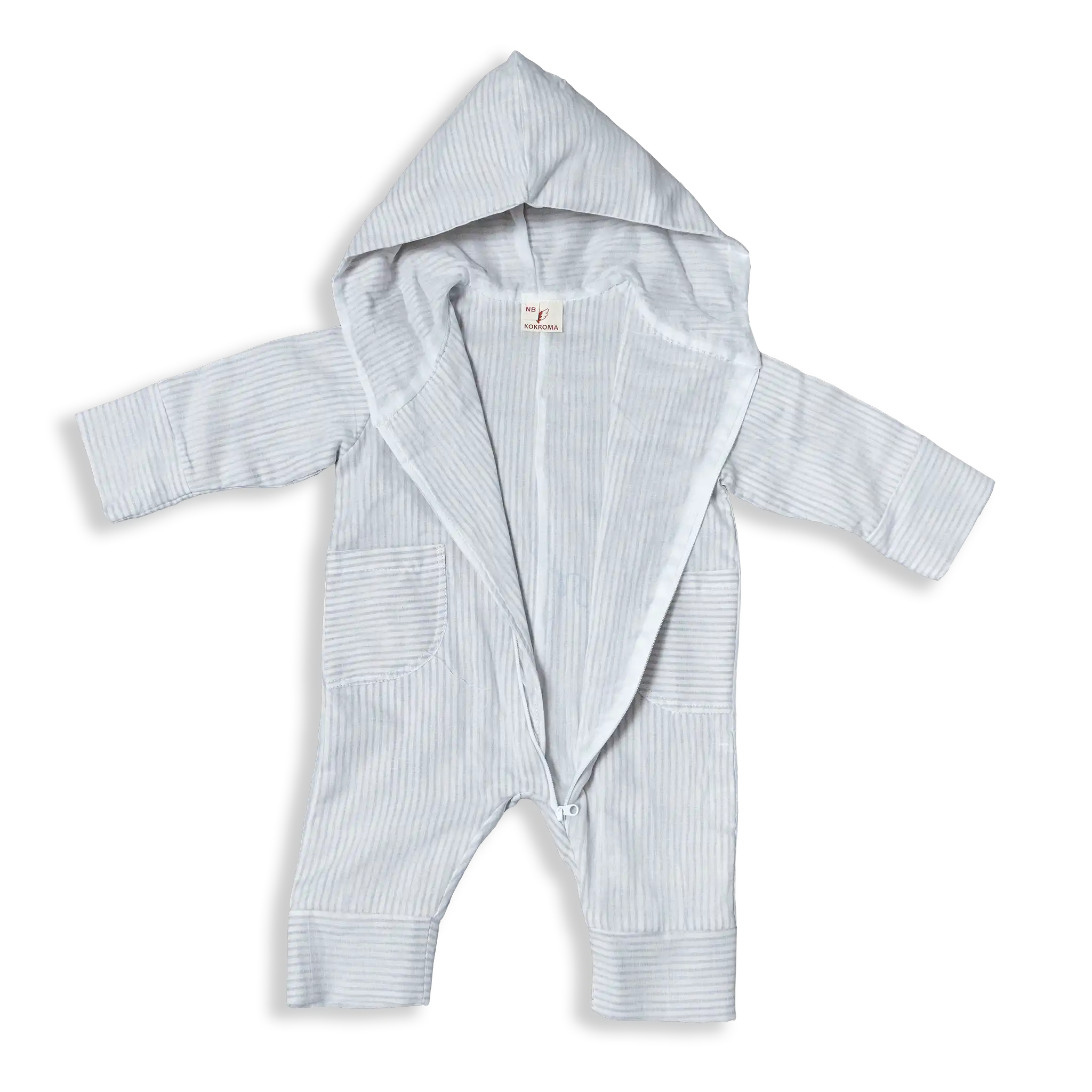 3-layer Muslin Coverall Jumpsuit for babies with 2 layers of 100% super soft muslin voile and 1 layer of charming stripe woven fabric