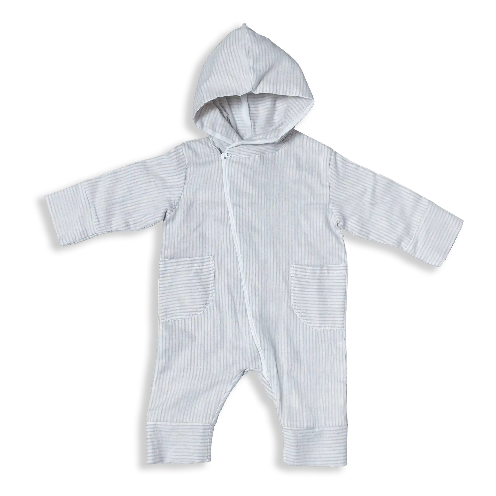 3-layer Muslin Coverall Jumpsuit for babies with 2 layers of 100% super soft muslin voile and 1 layer of charming stripe woven fabric