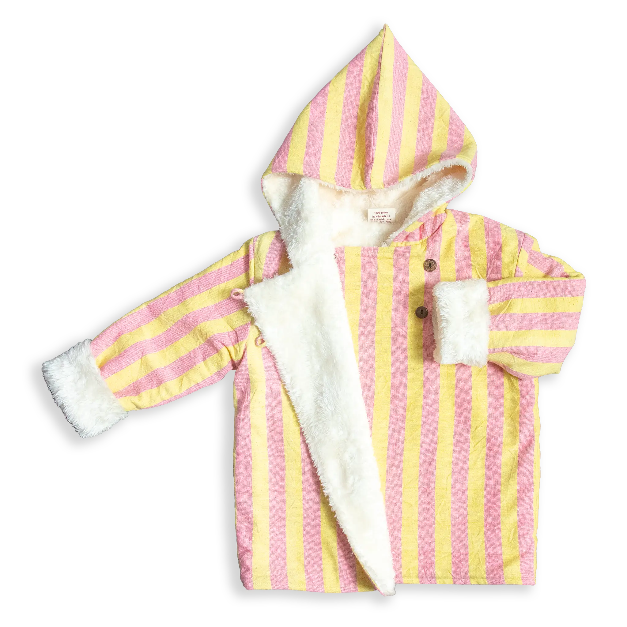 Designed to keep toddlers cozy and stylish during chilly days. This adorable jacket features soft, breathable stripes of pastel pink and yellow with a plush, faux-fur lining that’s gentle on your baby’s skin.