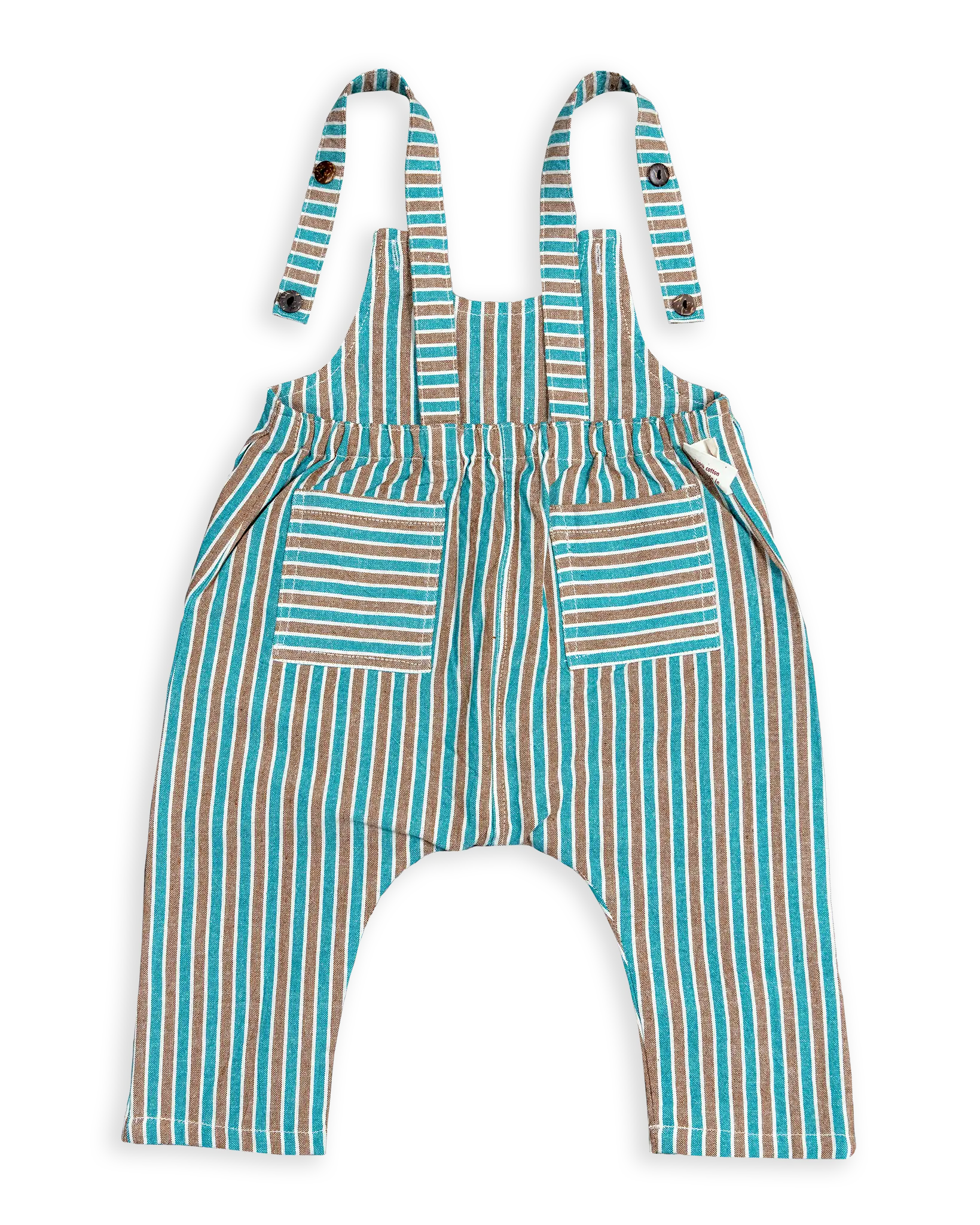 Crafted from 100% pure cotton, this romper is comfortable and easy to wear, featuring two adjustable straps with buttons and two back pockets for a touch of style.