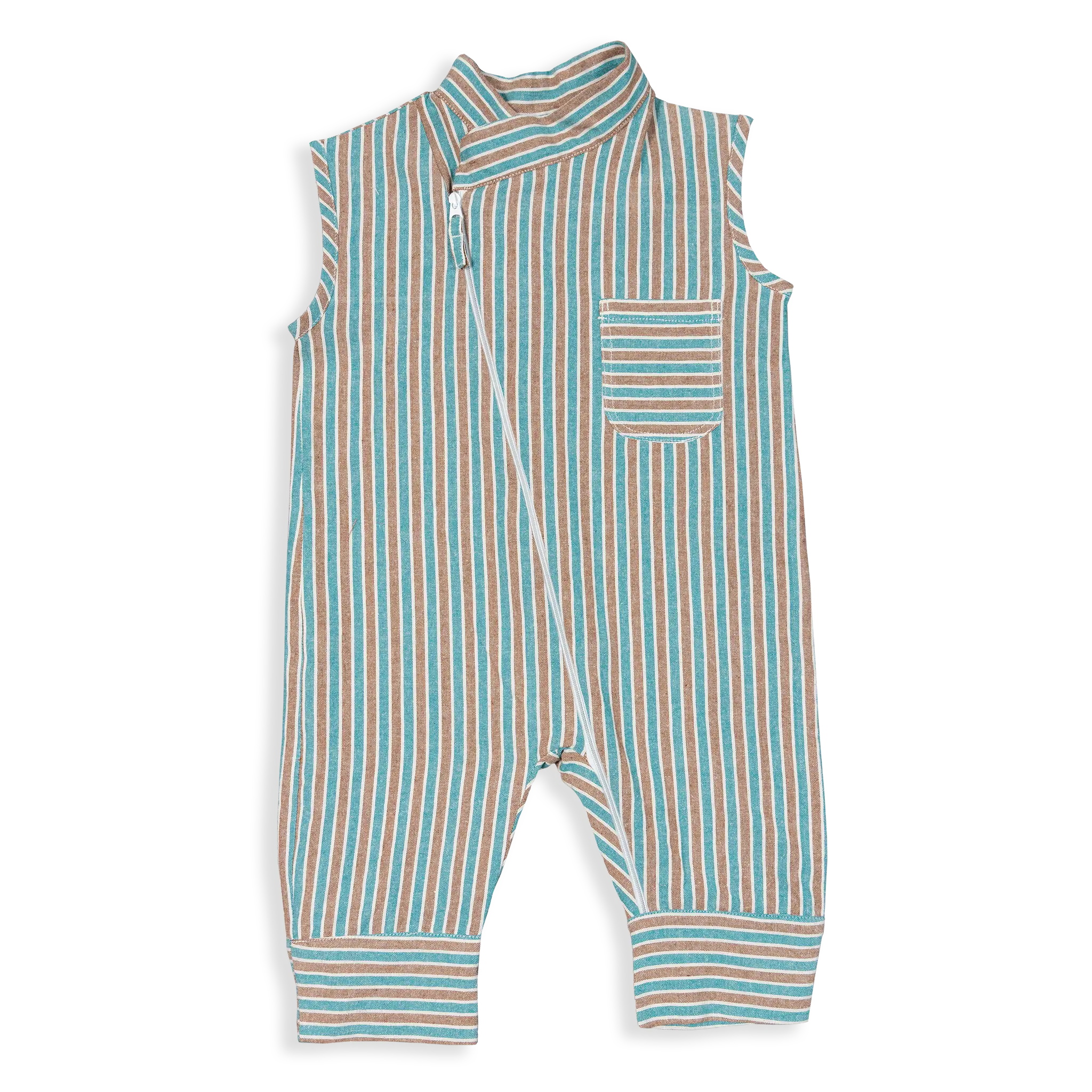 Sleeveless Summer Jumpsuit, made with 100% cotton and muslin weave inner layers for softness and breathability. With a convenient YKK zipper and side pockets, this jumpsuit offers a relaxed, comfortable fit for all occasions.