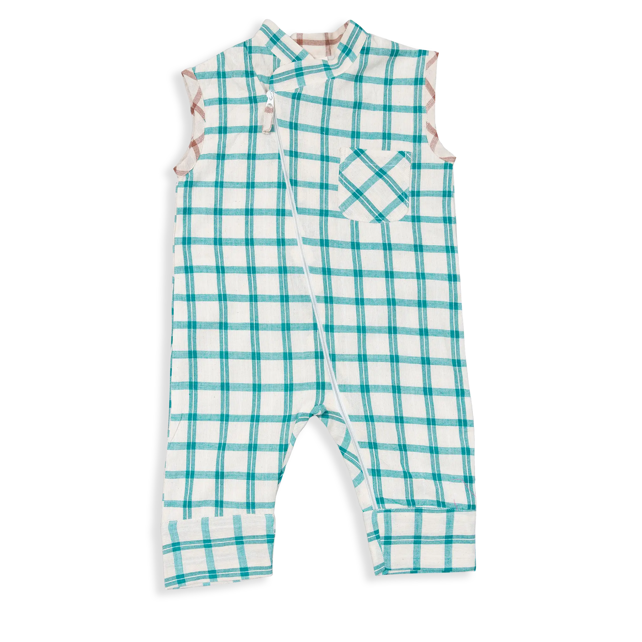 Sleeveless Summer Jumpsuit, made with 100% cotton and muslin weave inner layers for softness and breathability. With a convenient YKK zipper and side pockets, this jumpsuit offers a relaxed, comfortable fit for all occasions.