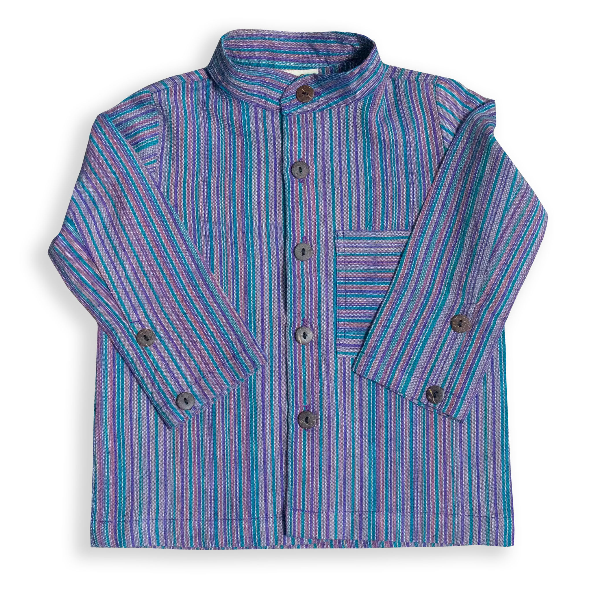 Introduce a pop of colour and tradition into your little one's wardrobe with our Tiny Tucks Shirt. The playful stripes bring a vibrant, unique look that’s rooted in traditional Nepalese design.