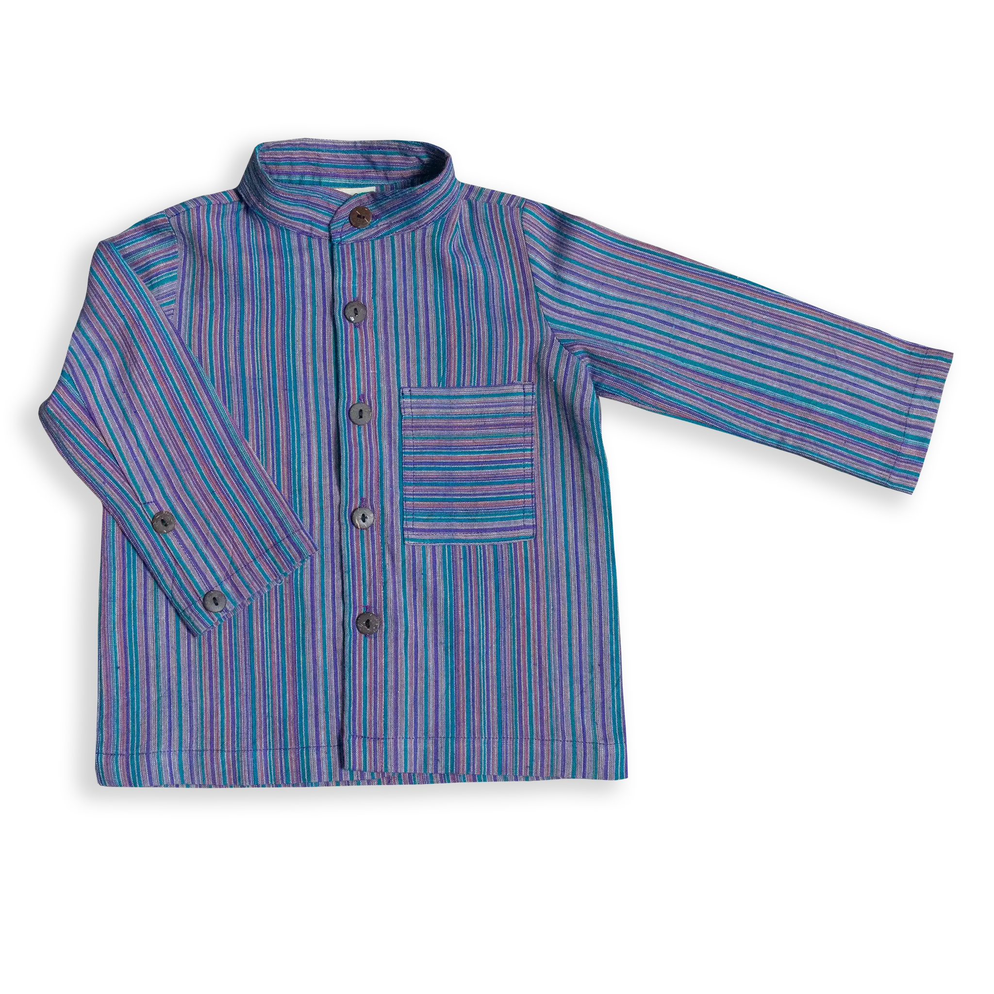 Introduce a pop of colour and tradition into your little one's wardrobe with our Tiny Tucks Shirt. The playful stripes bring a vibrant, unique look that’s rooted in traditional Nepalese design.